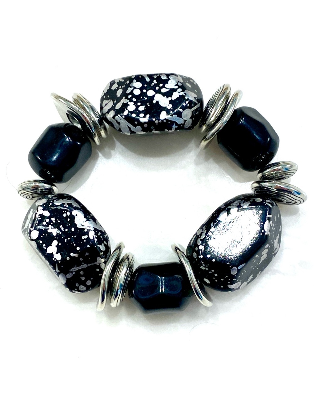 Retro Chunky Black Silver Splatter Stretch Bracelet Metallic Bead Statement Bang